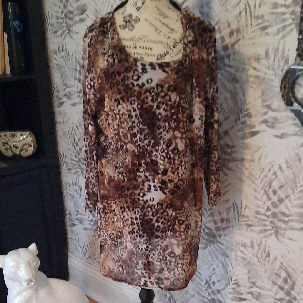 Kasper Brown Leopard Long Print Blouse